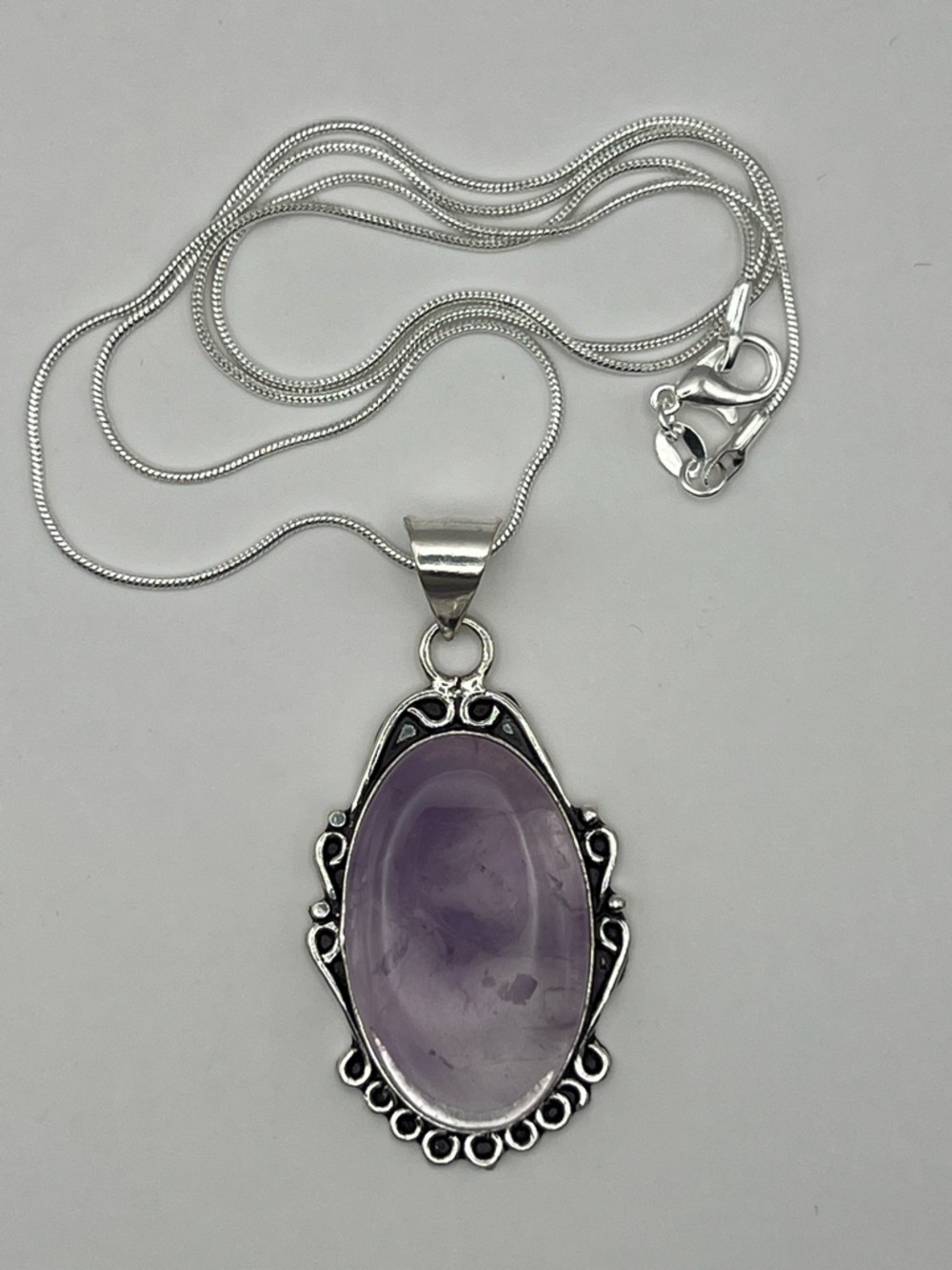 Silver Amethyst Oval Pendant Necklace - Purple Gemstone